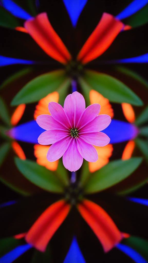 Colorful Kaleidoscopic Image with Pink Flower and Symmetrical Patterns