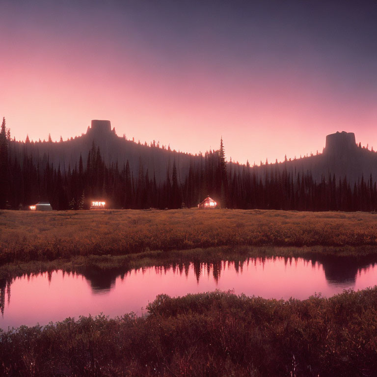 Tranquil landscape with twilight hues, silhouetted trees, plateaus, cabins, and