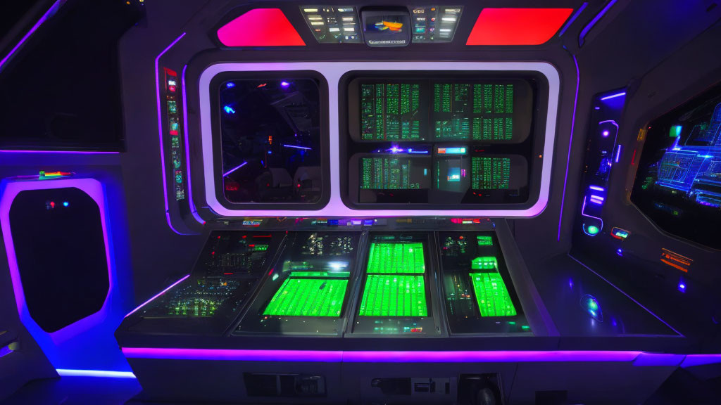 Futuristic Spaceship Cockpit with Glowing Control Panels and Neon Lighting