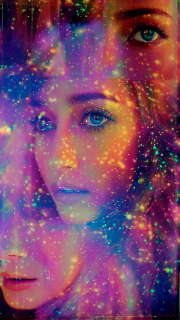 Colorful portrait of woman with cosmic overlay & dreamy light specks