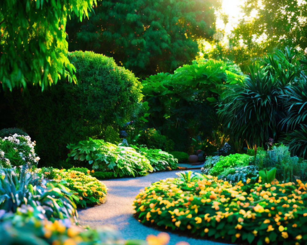 Tranquil Garden Path with Yellow Flowers and Greenery