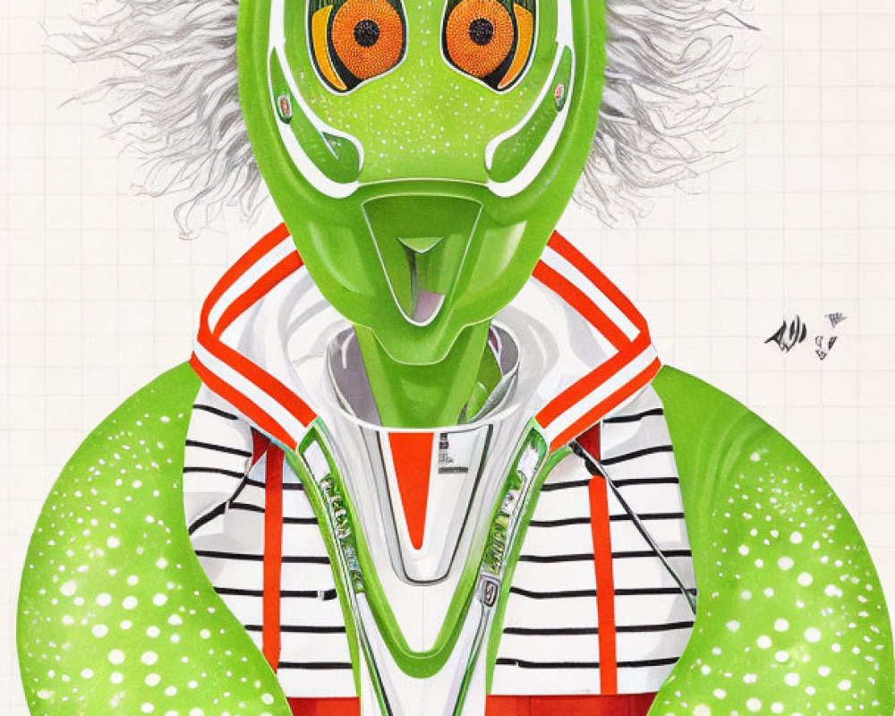 Green Alien Character in Striped Hoodie & Red Overalls with Wrench