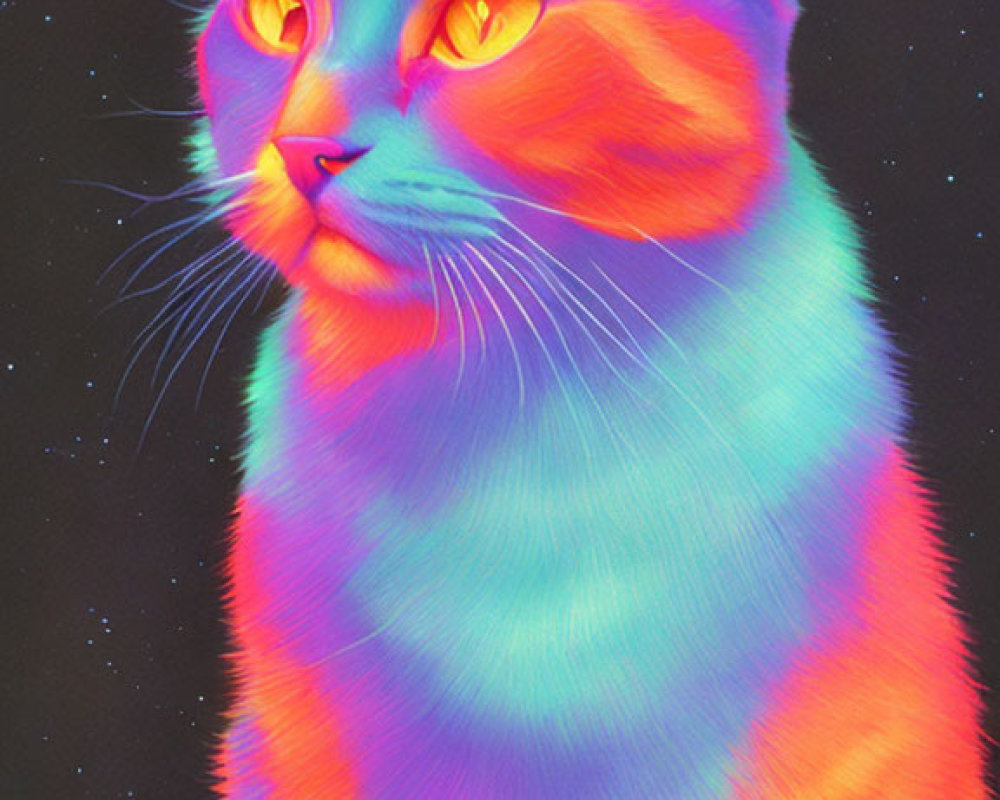 Vibrant neon cat art in blue, orange, and purple hues on starry backdrop