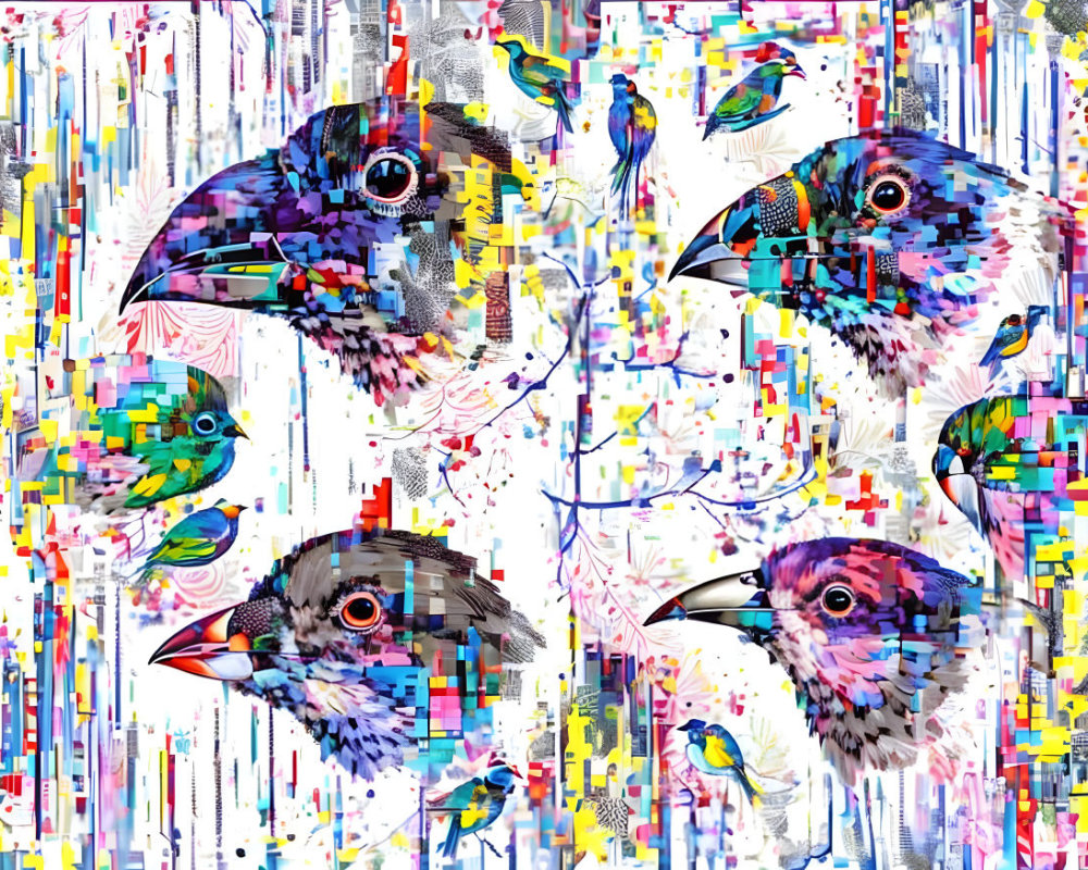 Abstract Bird Artwork with Vibrant Colors and Pixelated Effects