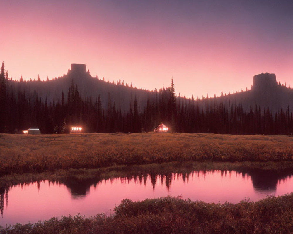 Tranquil landscape with twilight hues, silhouetted trees, plateaus, cabins, and