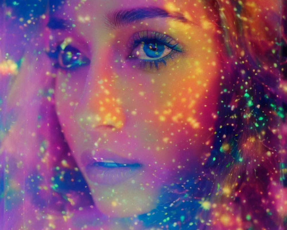 Colorful portrait of woman with cosmic overlay & dreamy light specks