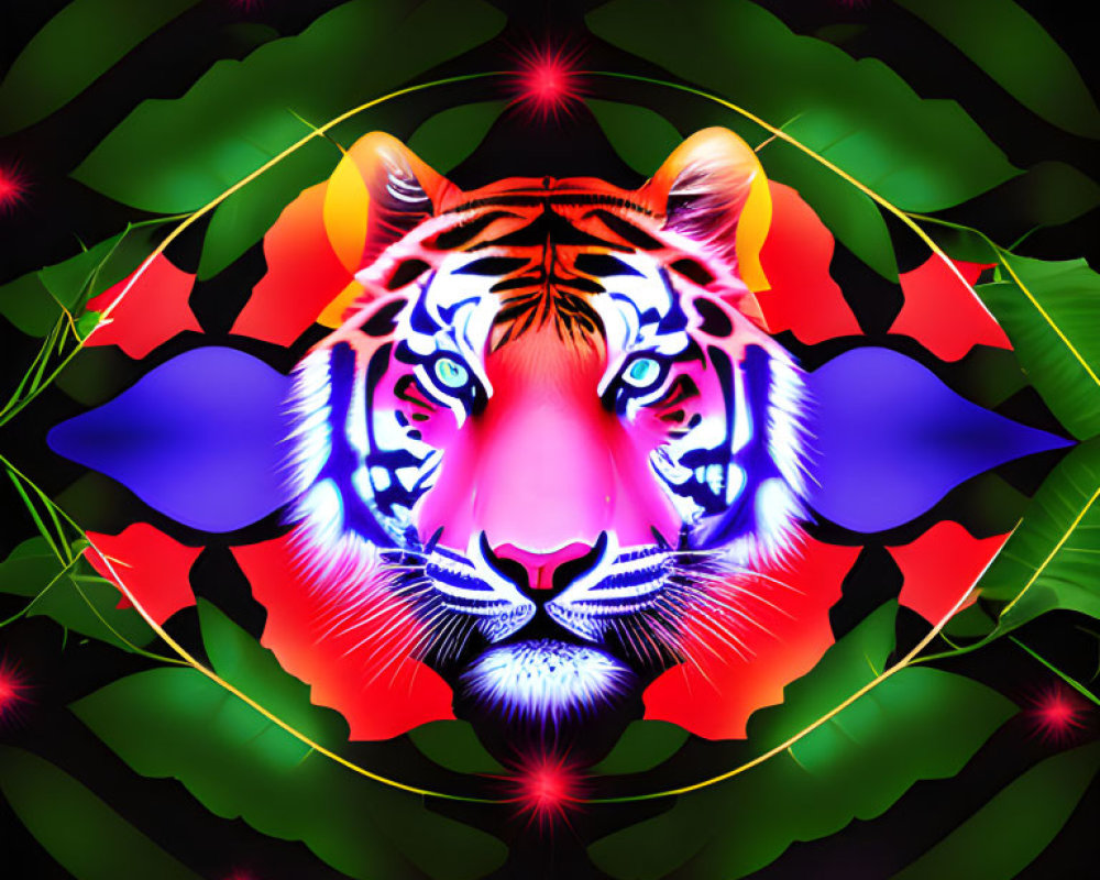 Symmetrical tiger face surrounded by neon florals and butterflies