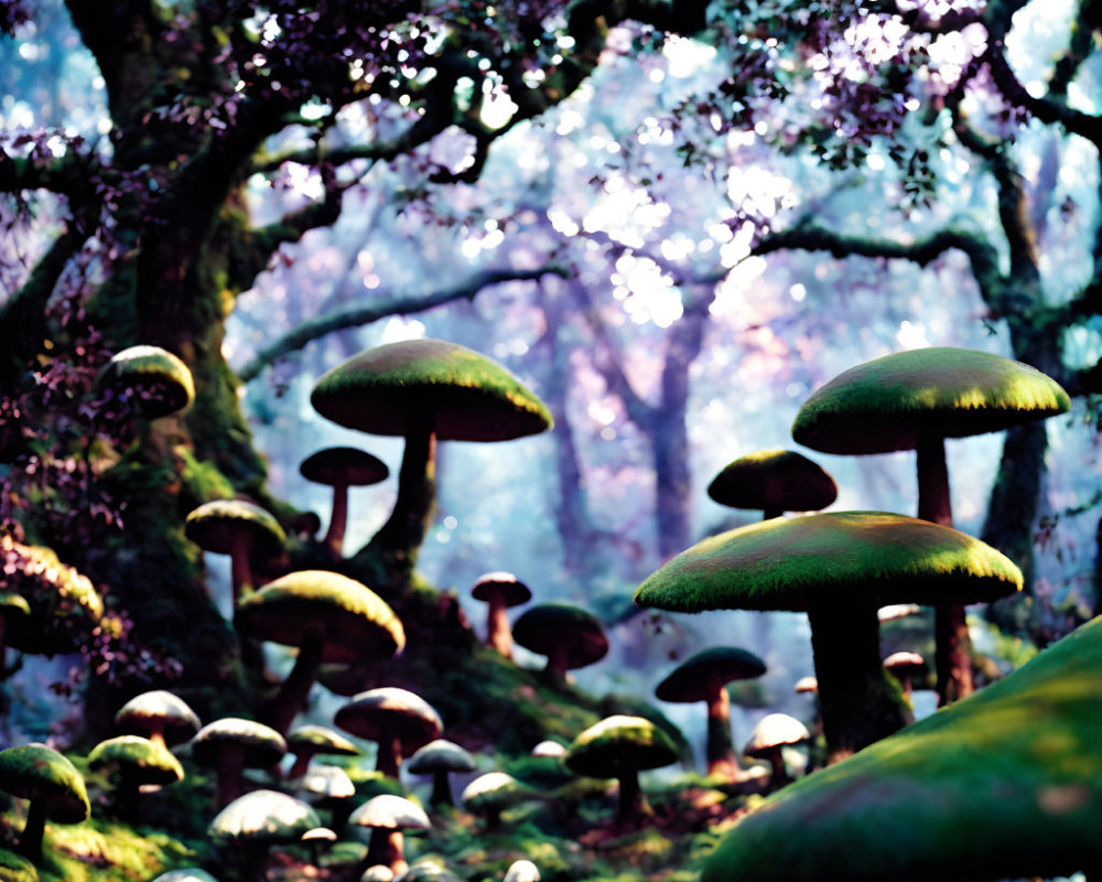 Enchanting forest with large green-capped mushrooms and purple-flowered trees