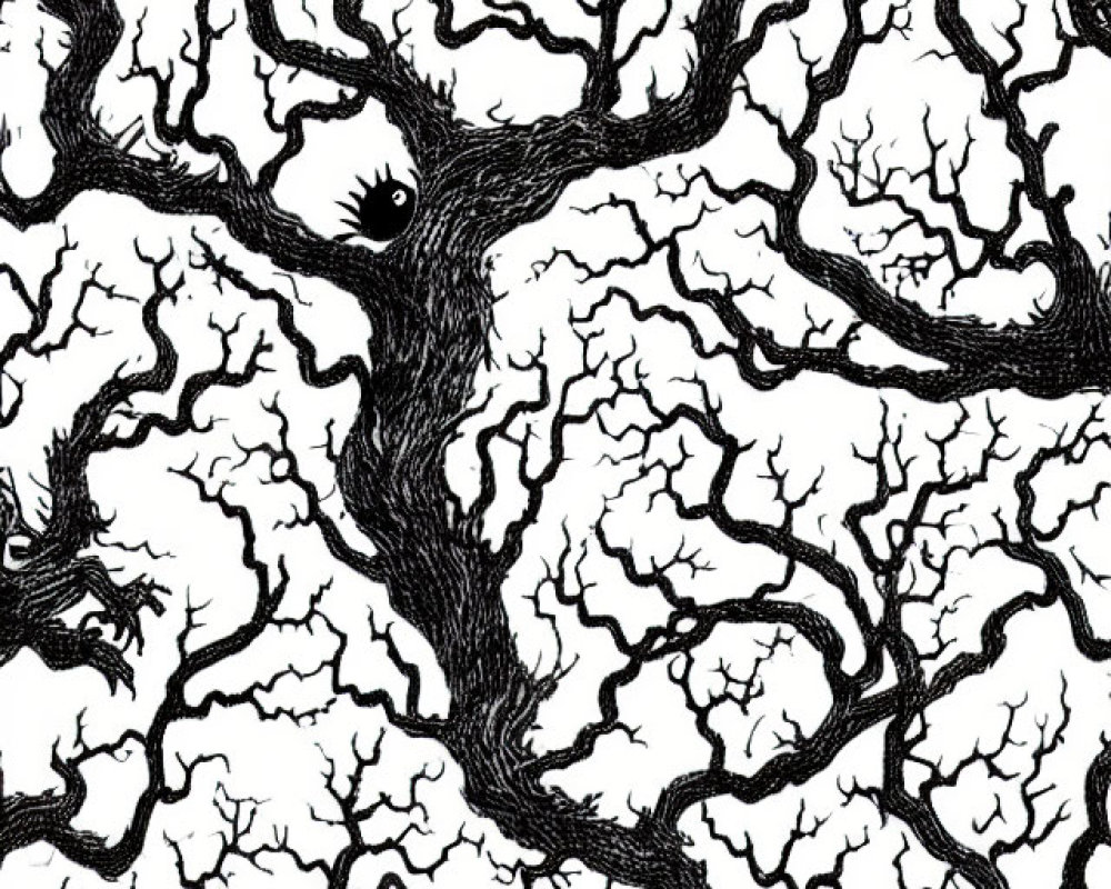 Monochrome illustration of intricate tree-like structures with a single eye