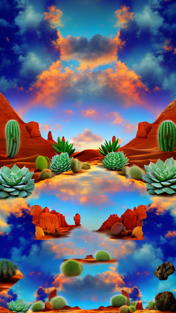 Vibrant surreal desert landscape with reflective water and rock formations