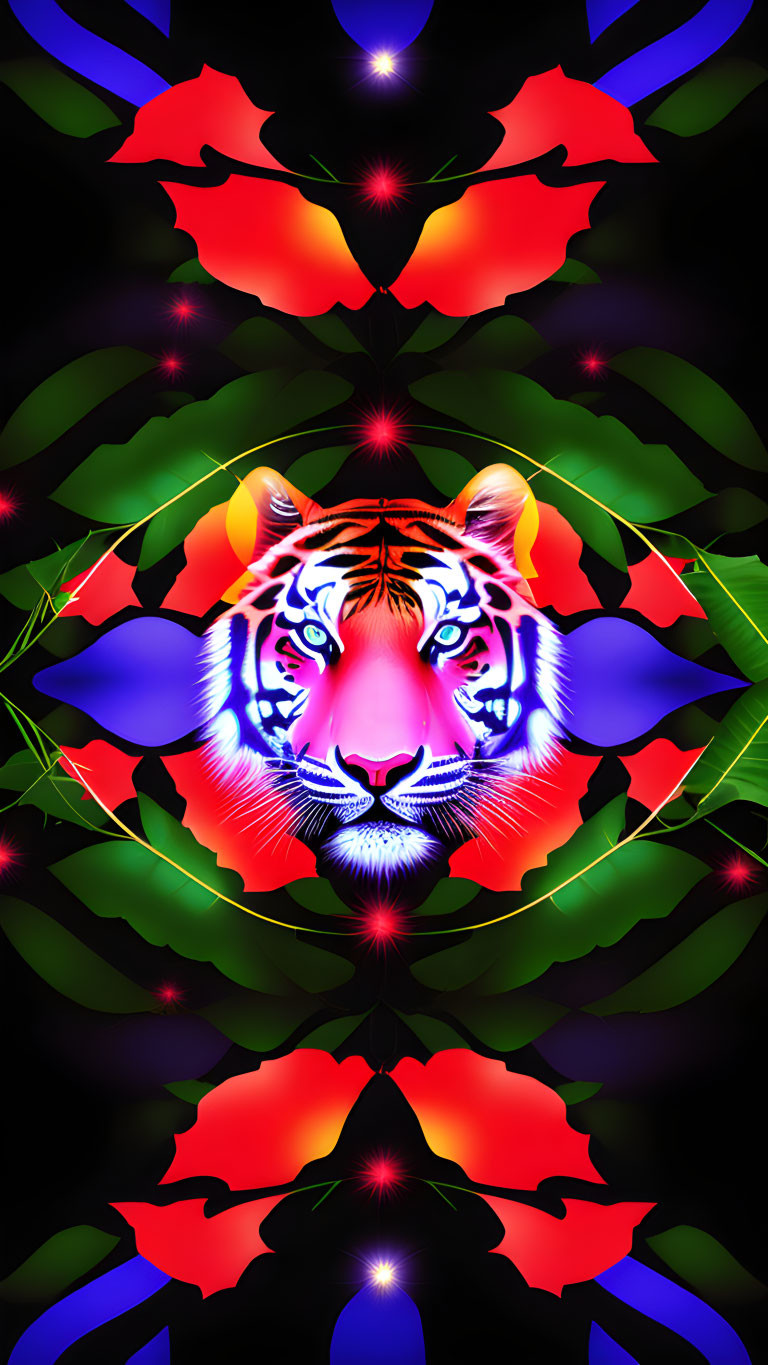 Symmetrical tiger face surrounded by neon florals and butterflies