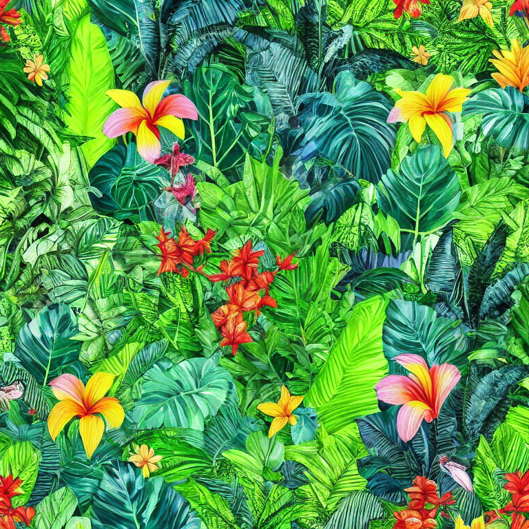 Lush Green Leaves and Colorful Hibiscus Flowers Pattern