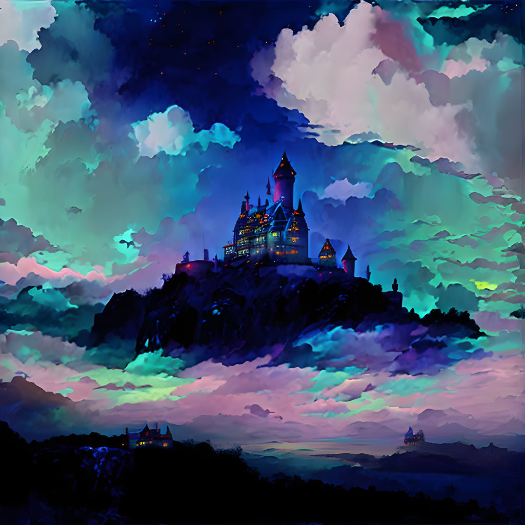 Enigmatic castle on hill under vibrant, starless night sky with swirling blue and purple clouds.