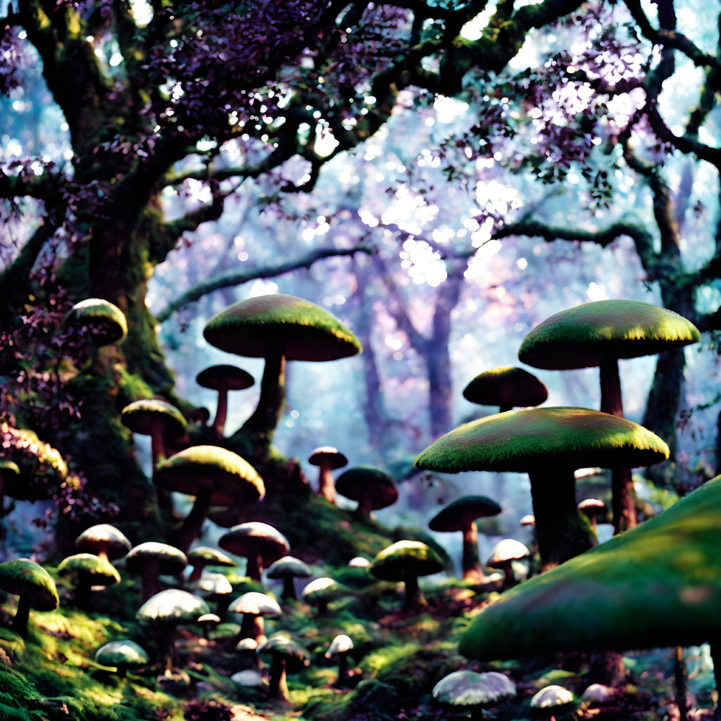 Enchanting forest with large green-capped mushrooms and purple-flowered trees