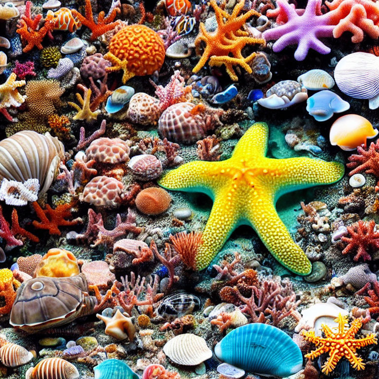 Vibrant sea stars, corals, and shells in diverse colors and shapes