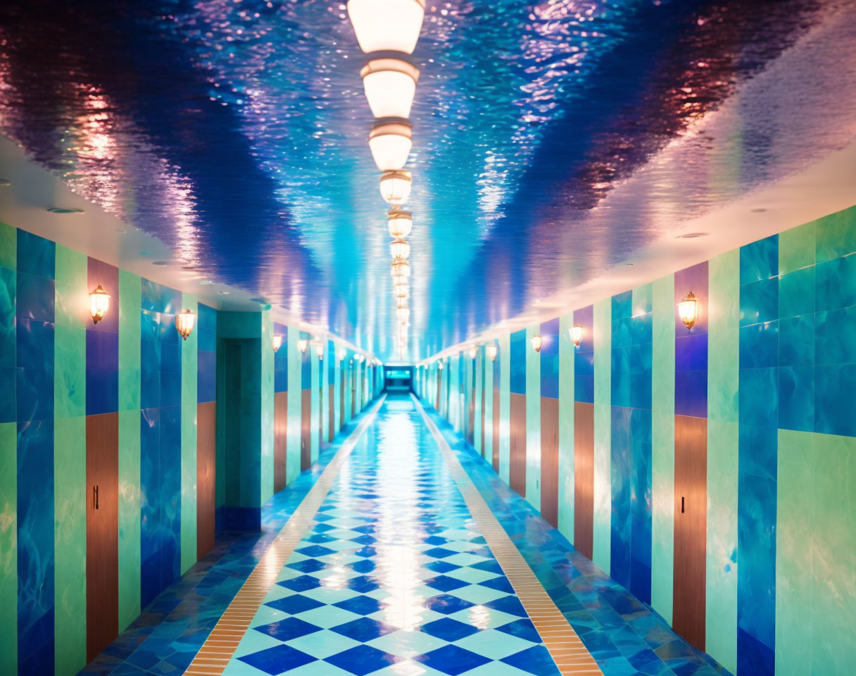 Colorful hallway with blue ceiling, patterned walls, checkered floor, and lights leading to van