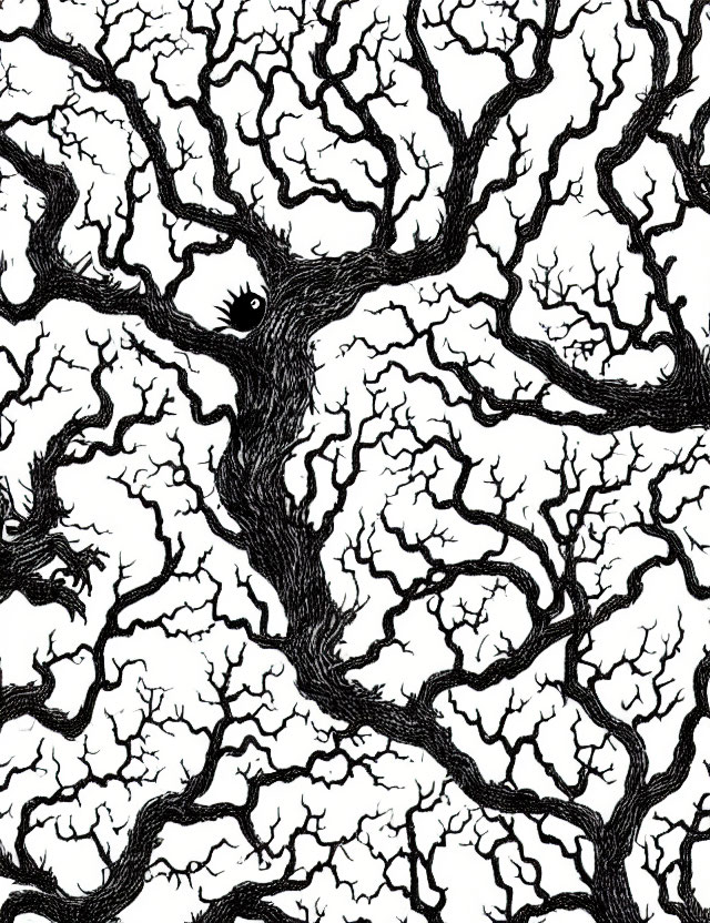 Monochrome illustration of intricate tree-like structures with a single eye