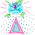 Stylized graphic of blue rose, crystals, eyes, stars, pink triangle, and infinity symbol