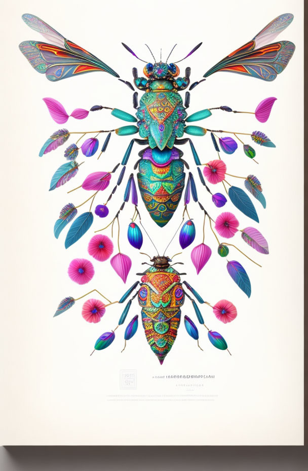 Vibrant, Multicolored Insect Artwork with Ornate Detailing