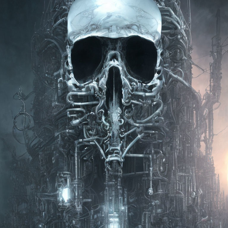 Dystopian artwork: Large skull with mechanical details in industrial setting