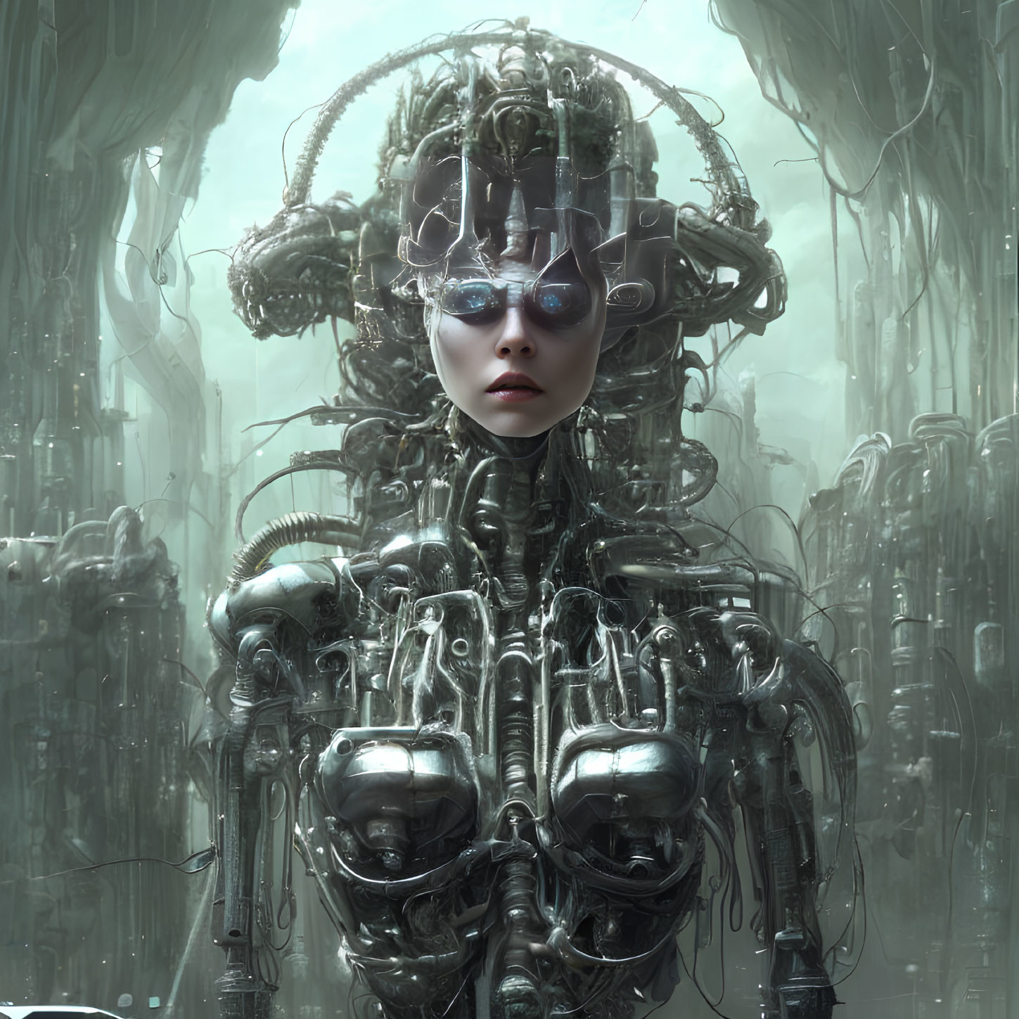 Intricate cybernetic being with tubes and machinery in industrial setting