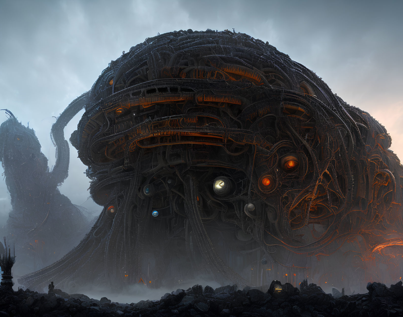 Gigantic futuristic structure with glowing orbs and lava in misty setting