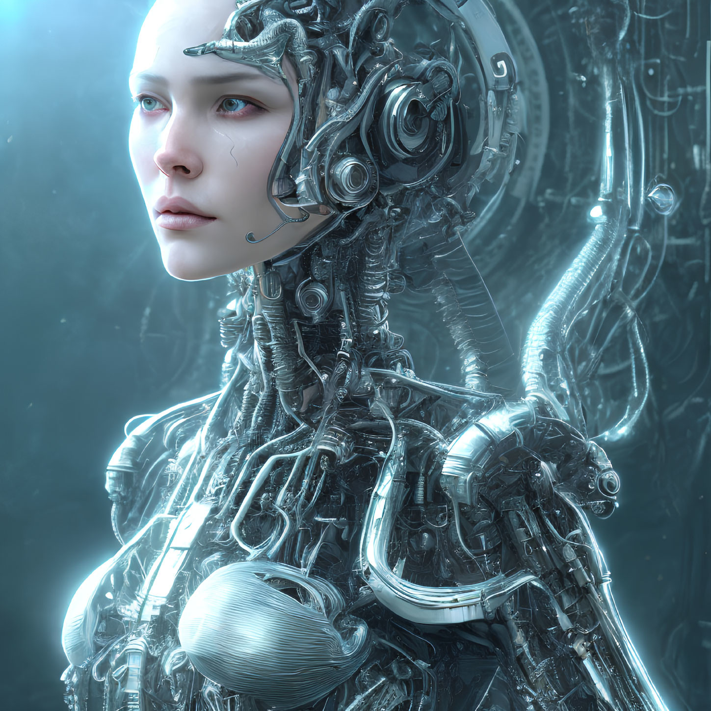 Female android with intricate mechanical parts and human-like face against blue technological backdrop.