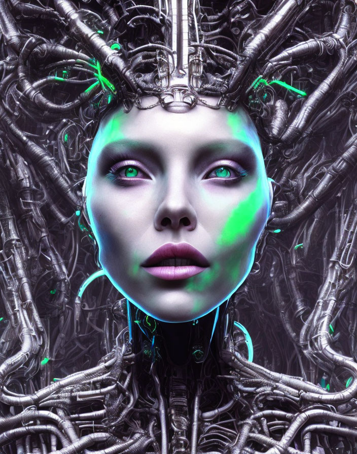 Futuristic woman with purple skin and silver headpiece