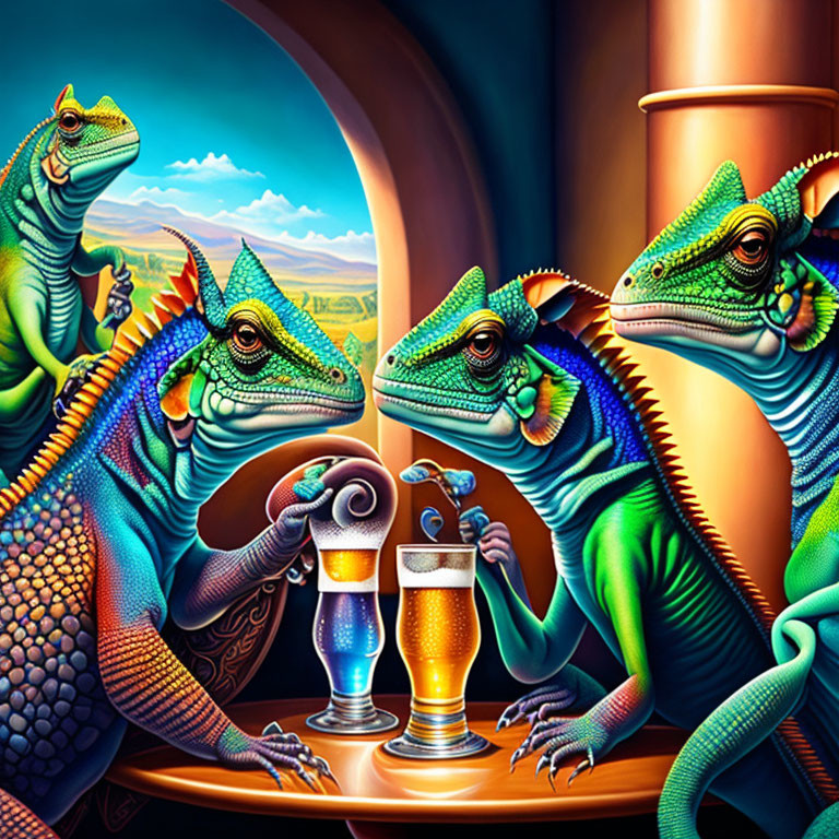 Colorful anthropomorphic lizards enjoying drinks in surreal landscape