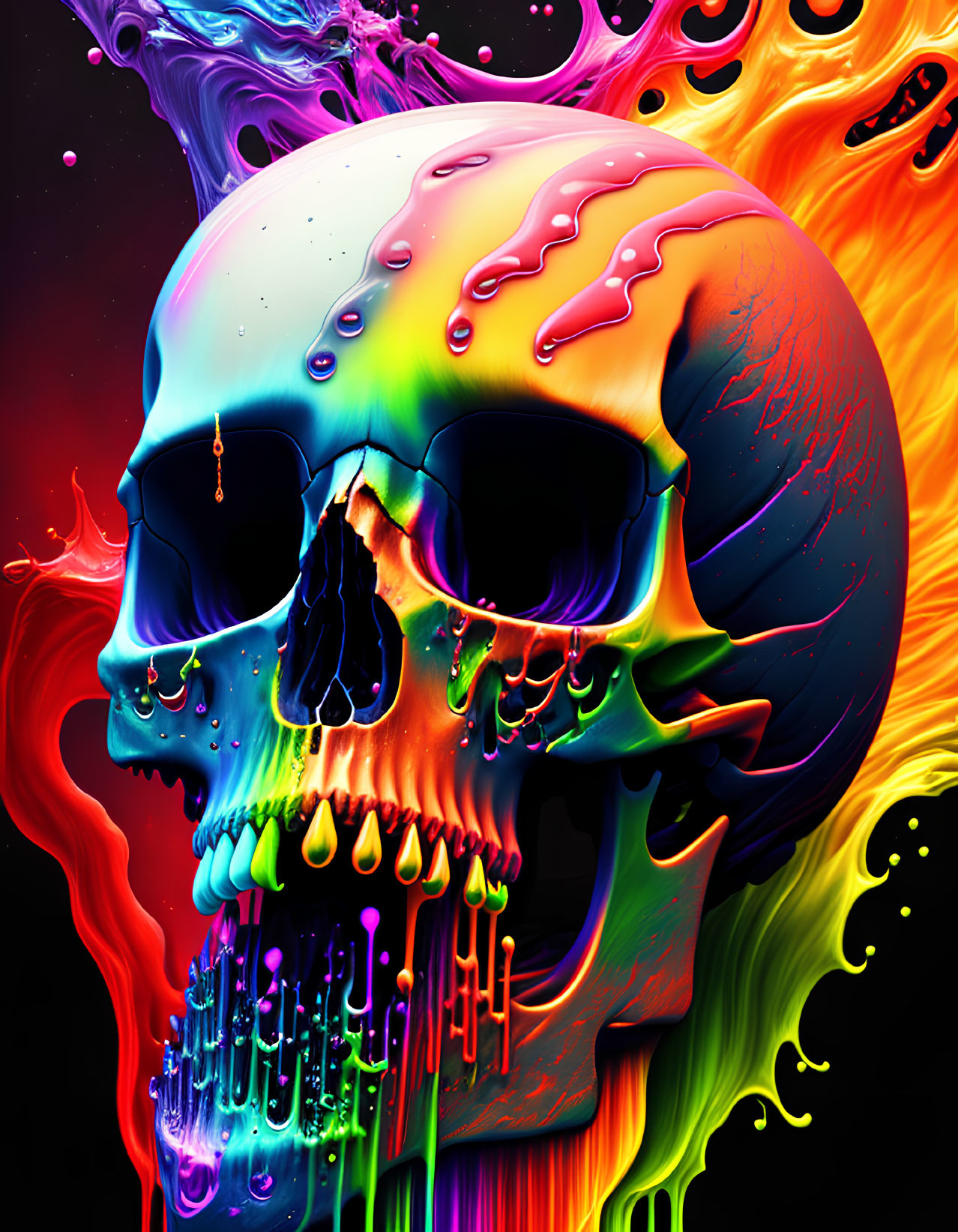 Colorful Melting Skull Art on Black Background with Neon Dripping Effects