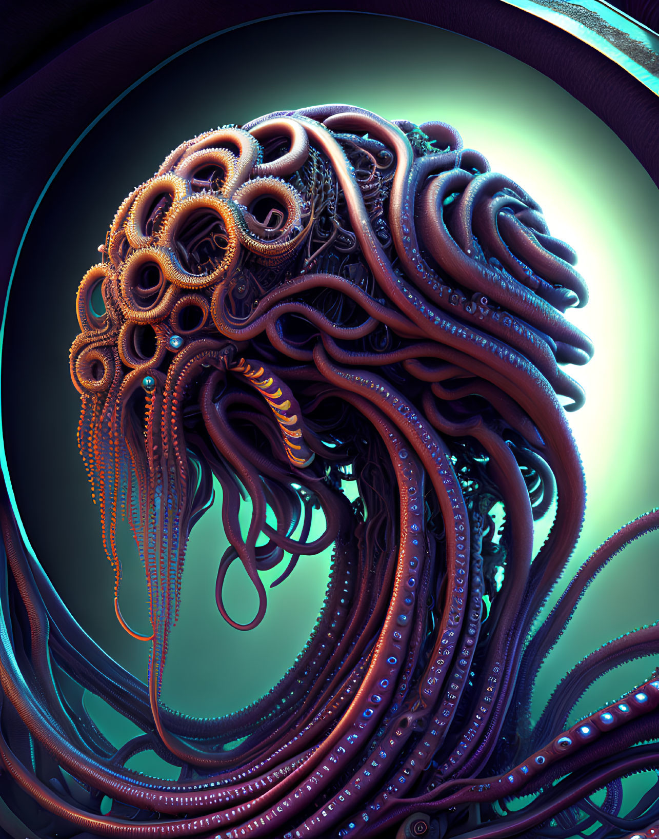 Surreal tentacle-like structure in vibrant blue and purple hues