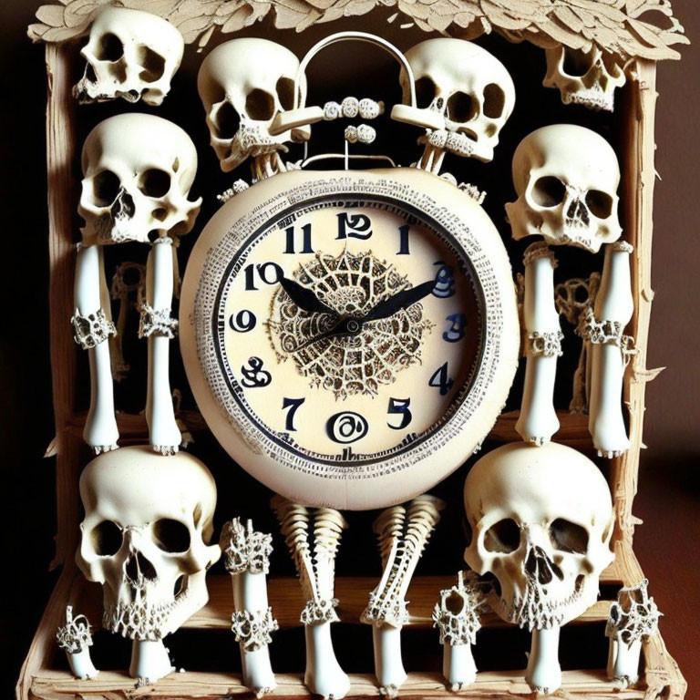 Ornate clock with miniature skulls and skeletal parts in shadow box