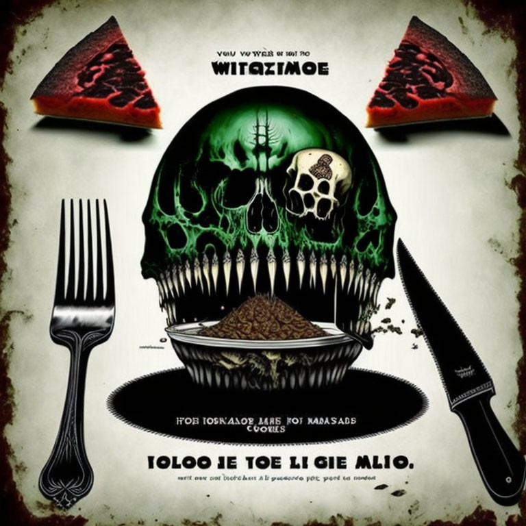 Skull in green flames with fork, knife, and watermelon slices on eerie graphic