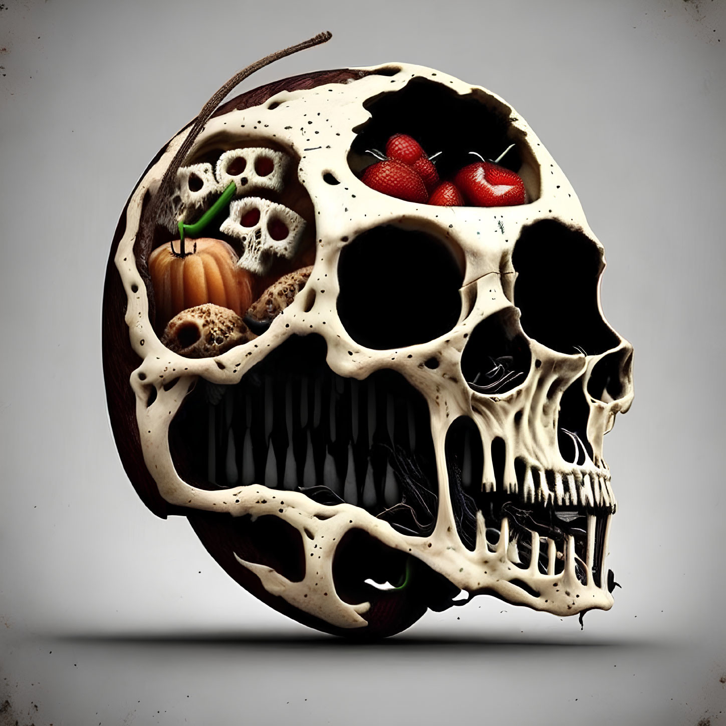 Skull surrounded by fruits and vegetables in surreal still life