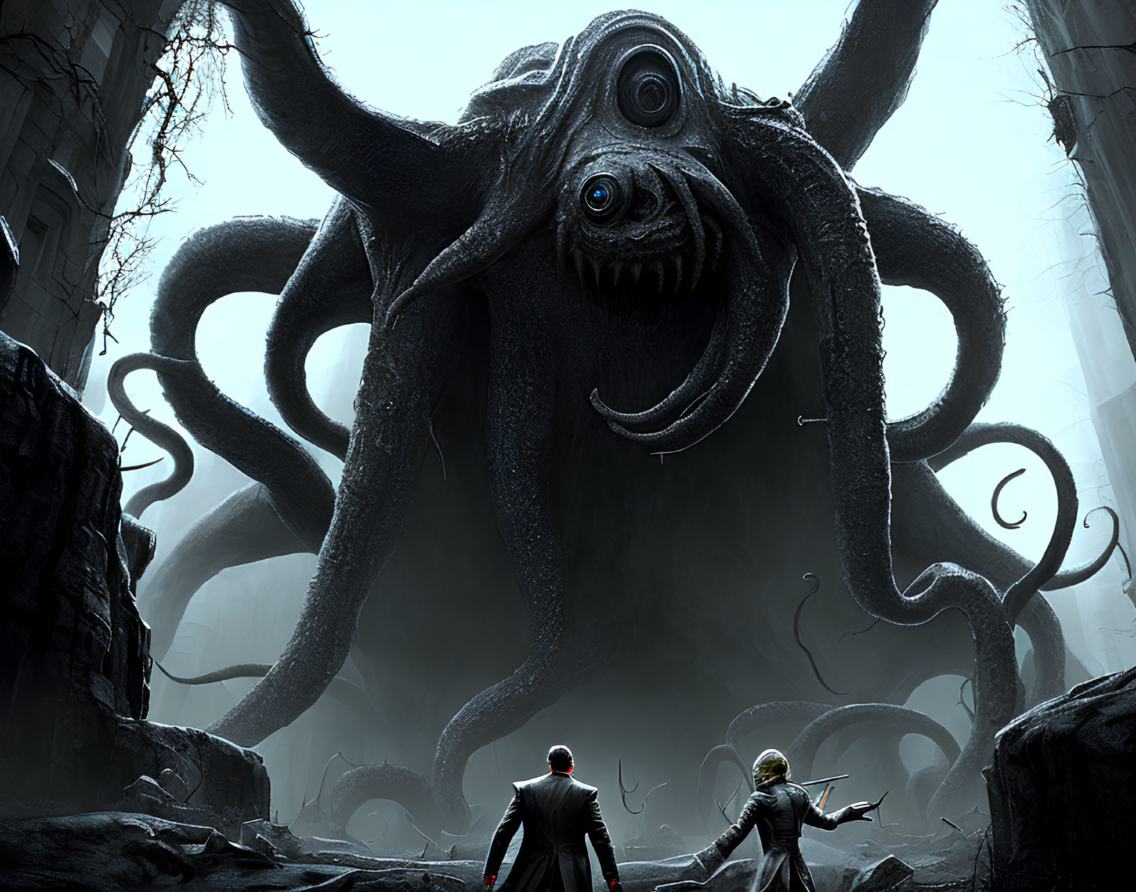 Two People Confront Octopus Creature in Ruined Setting