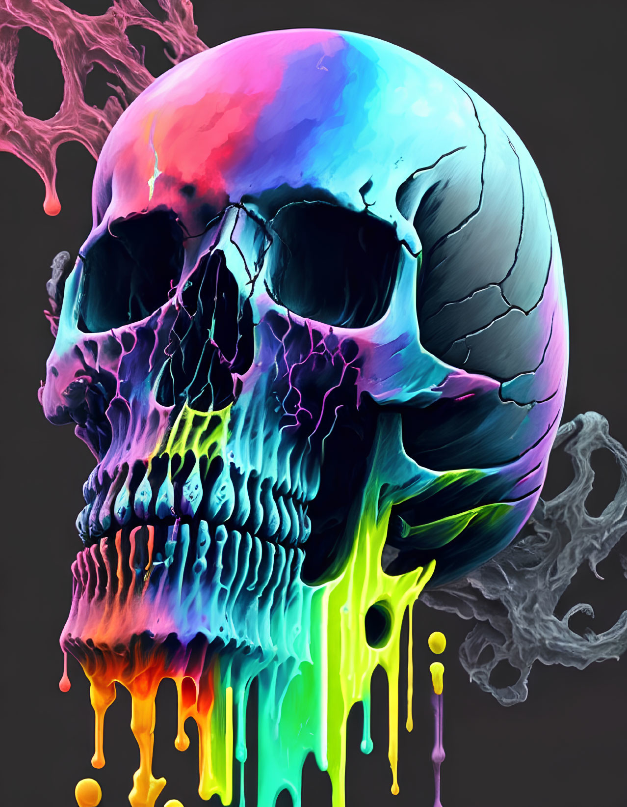 Vibrant colorful skull with dripping paint effect on dark background