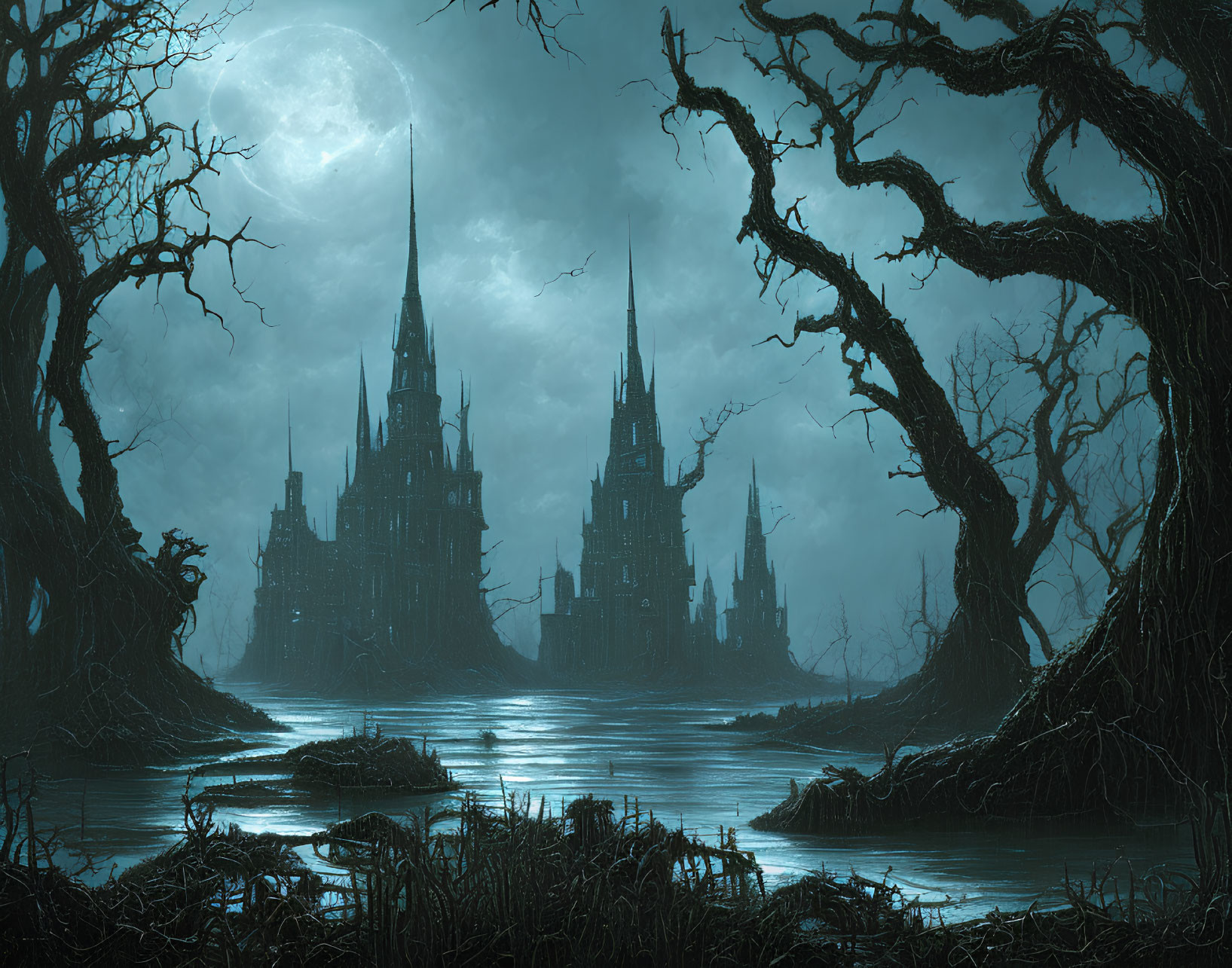 Gothic castle under full moon with twisted trees and dark waterway