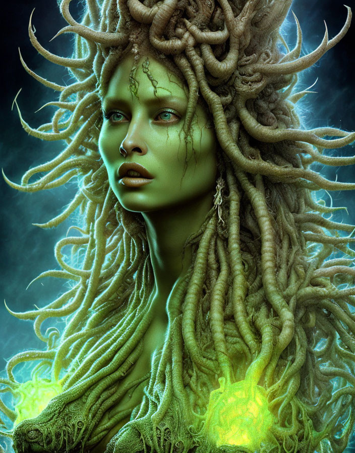 Fantastical Woman with Serpentine Hair and Green Eyes on Mystic Blue Background