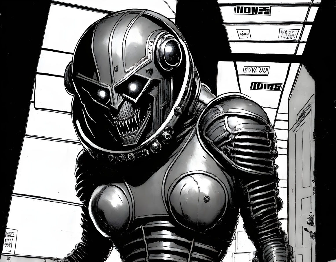 Menacing robotic figure with skull-like face and armored suit.