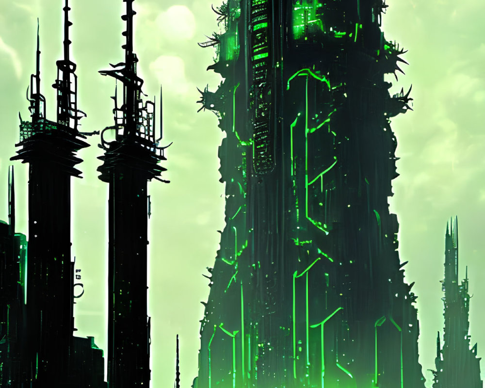 Futuristic cityscape with glowing green highlights and towering spires