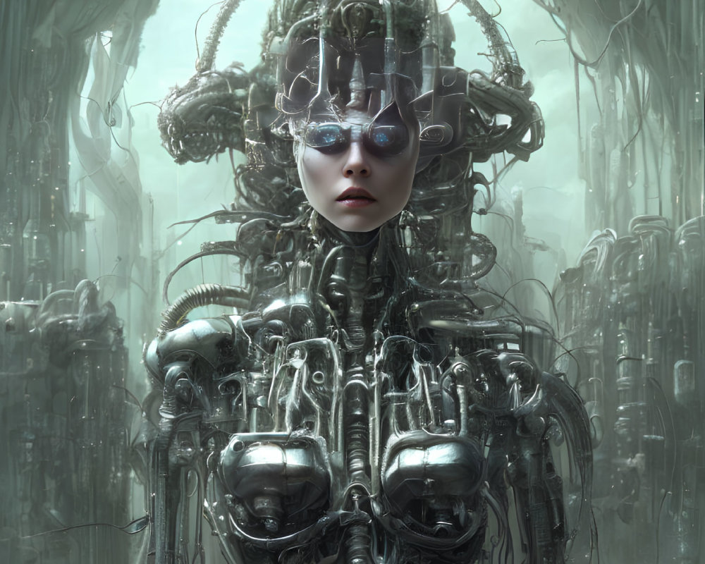 Intricate cybernetic being with tubes and machinery in industrial setting