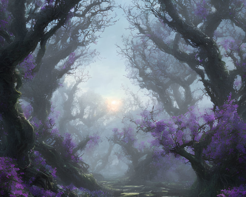 Ethereal forest with twisted trees and purple blossoms in misty sunlight