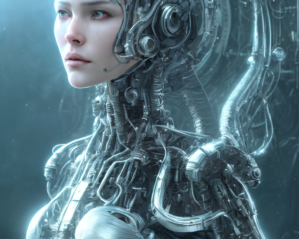 Female android with intricate mechanical parts and human-like face against blue technological backdrop.