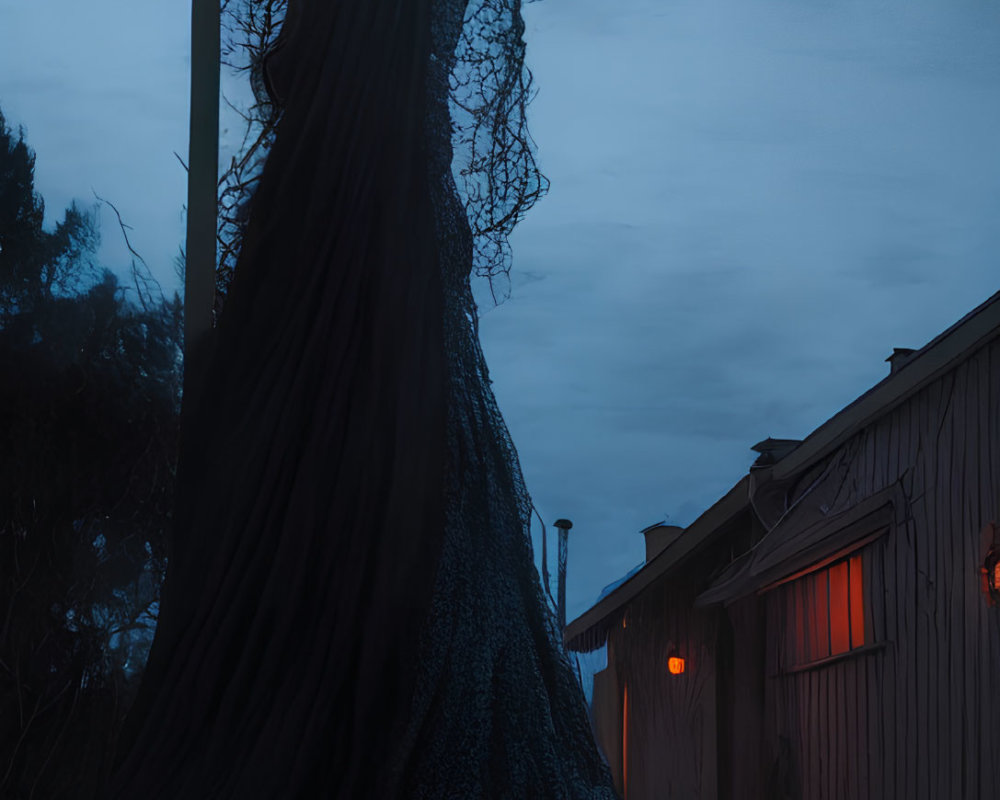 Sinister figure with red eyes and black hair in dimly-lit alleyway