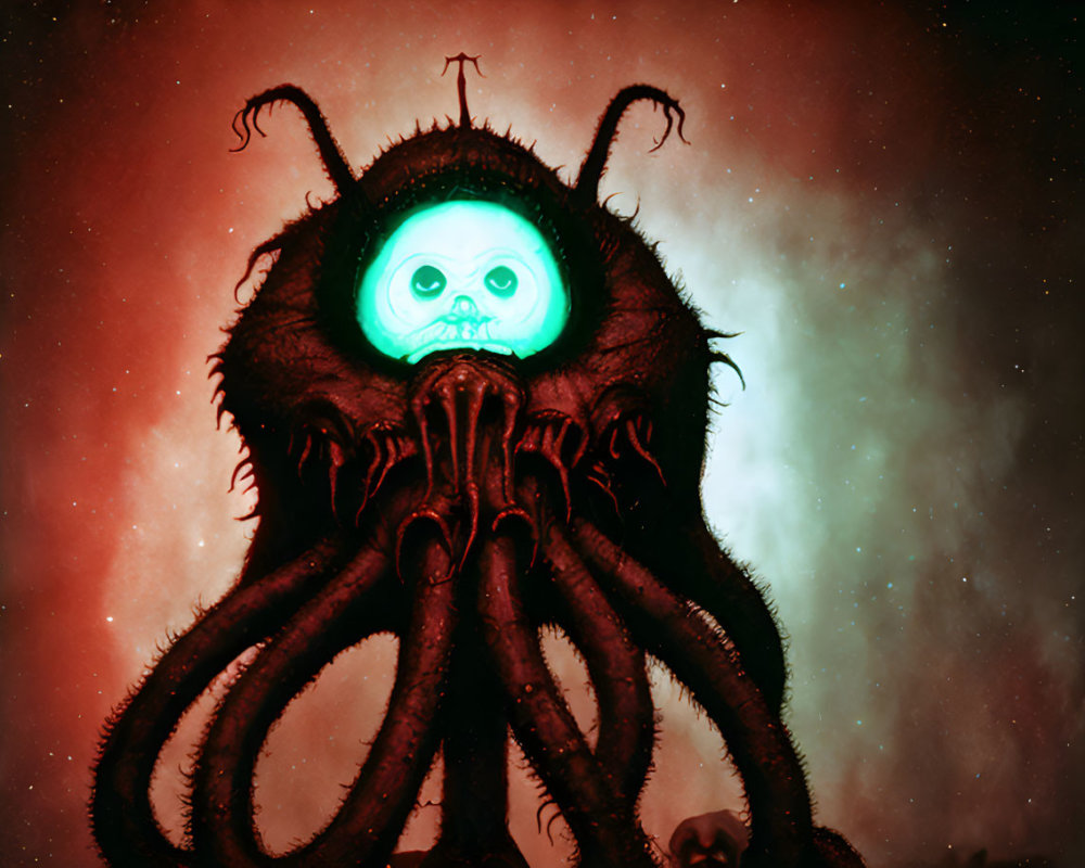 Menacing creature with glowing green eyes and dark tentacles on cosmic backdrop