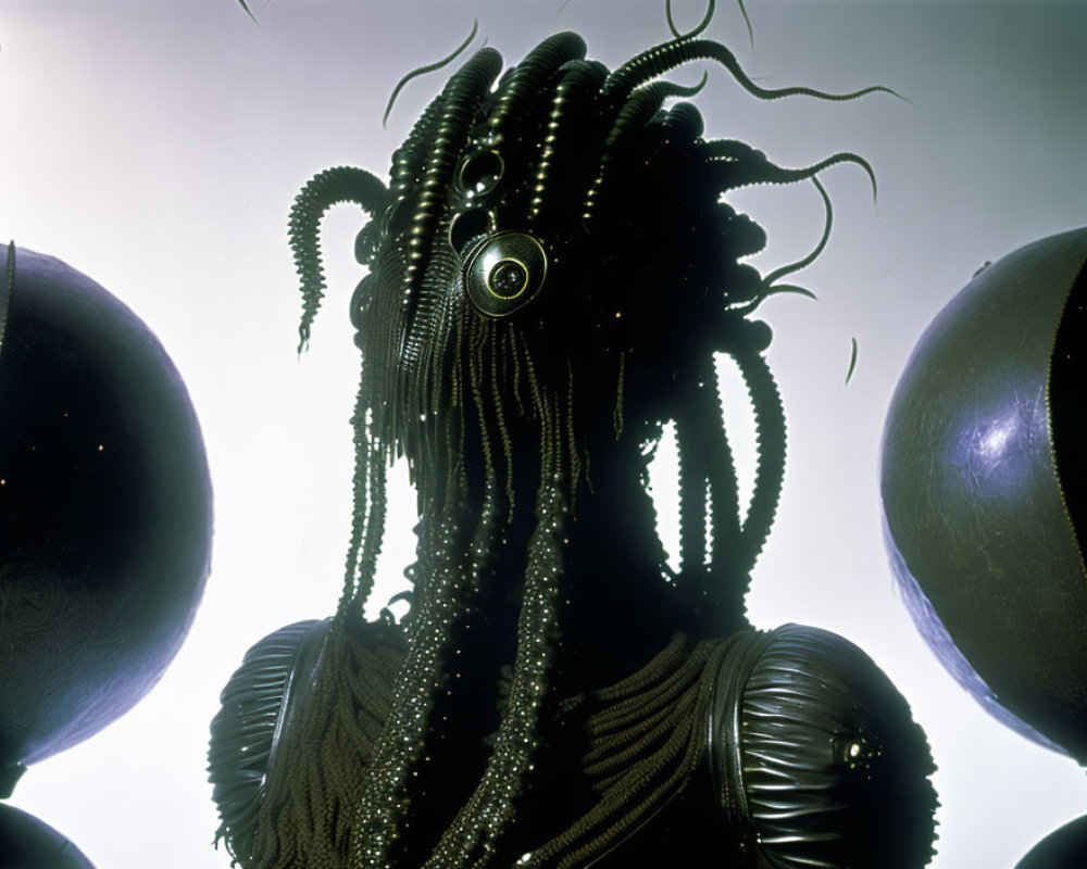 Intricate figure with tentacle braids and goggles among spherical objects