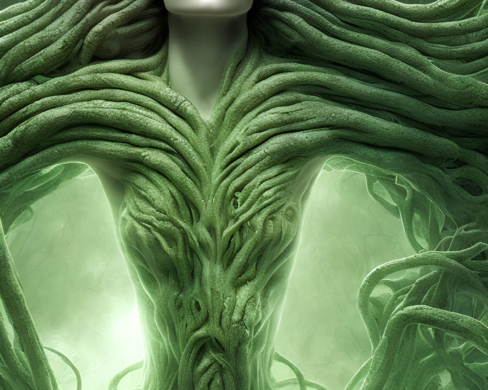 Fantastical artwork of woman merging with green tendrils