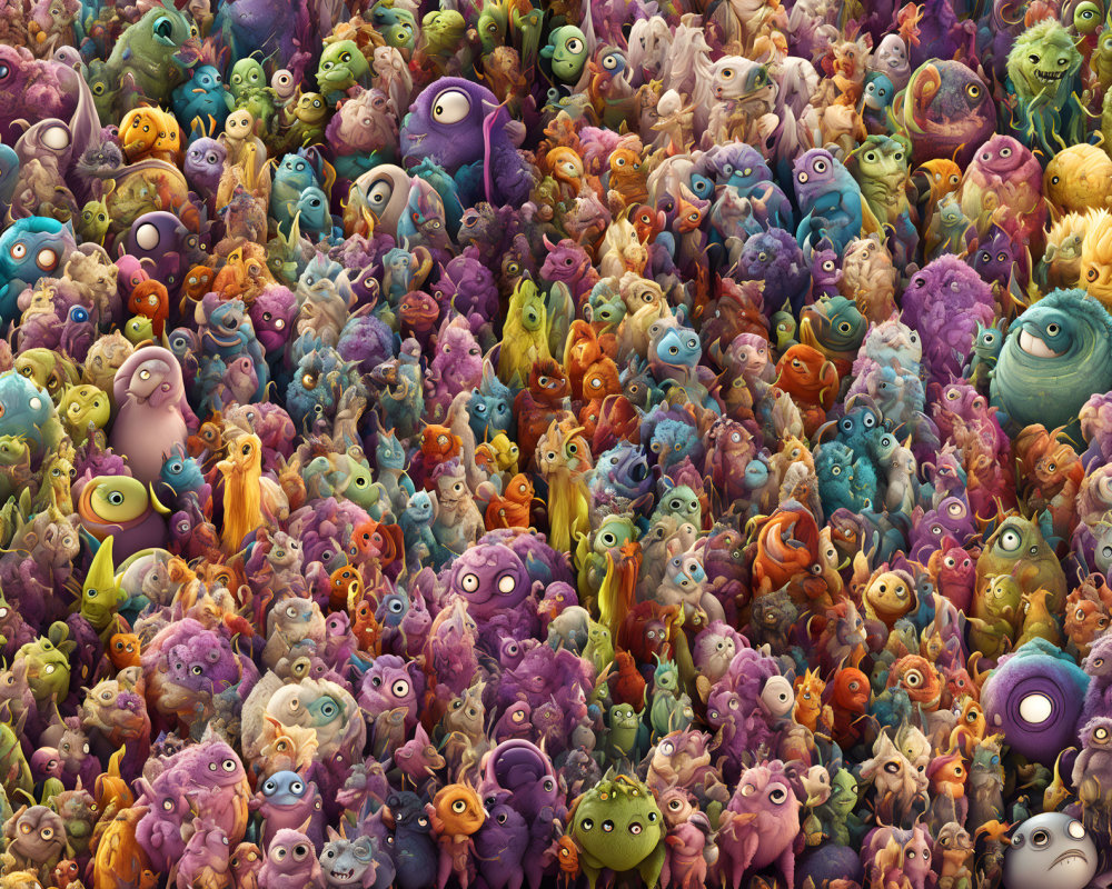 Colorful Cartoon Monsters with Various Expressions in Vibrant Crowd