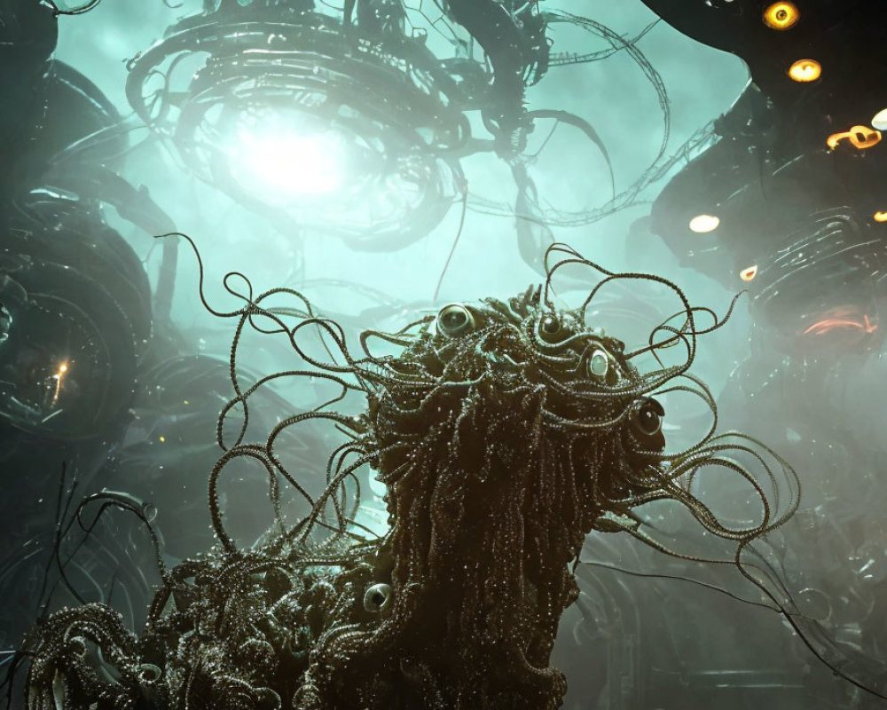Eerie Underwater Scene with Techno-Organic Octopus Creature