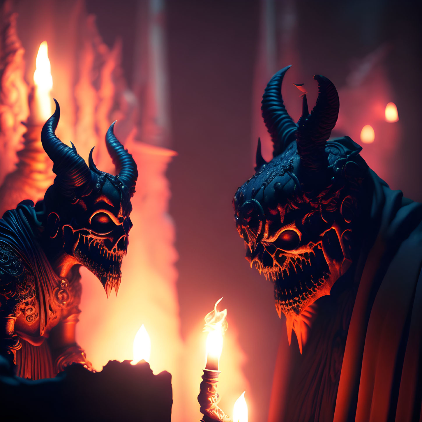 Menacing demonic figures with large horns in dimly lit room